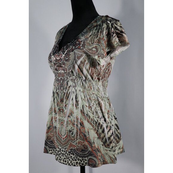 Apt. 9 Petite PM Boho Paisley Lace Back Blouse with Beaded V-Neckline & Elastic - Picture 2 of 12